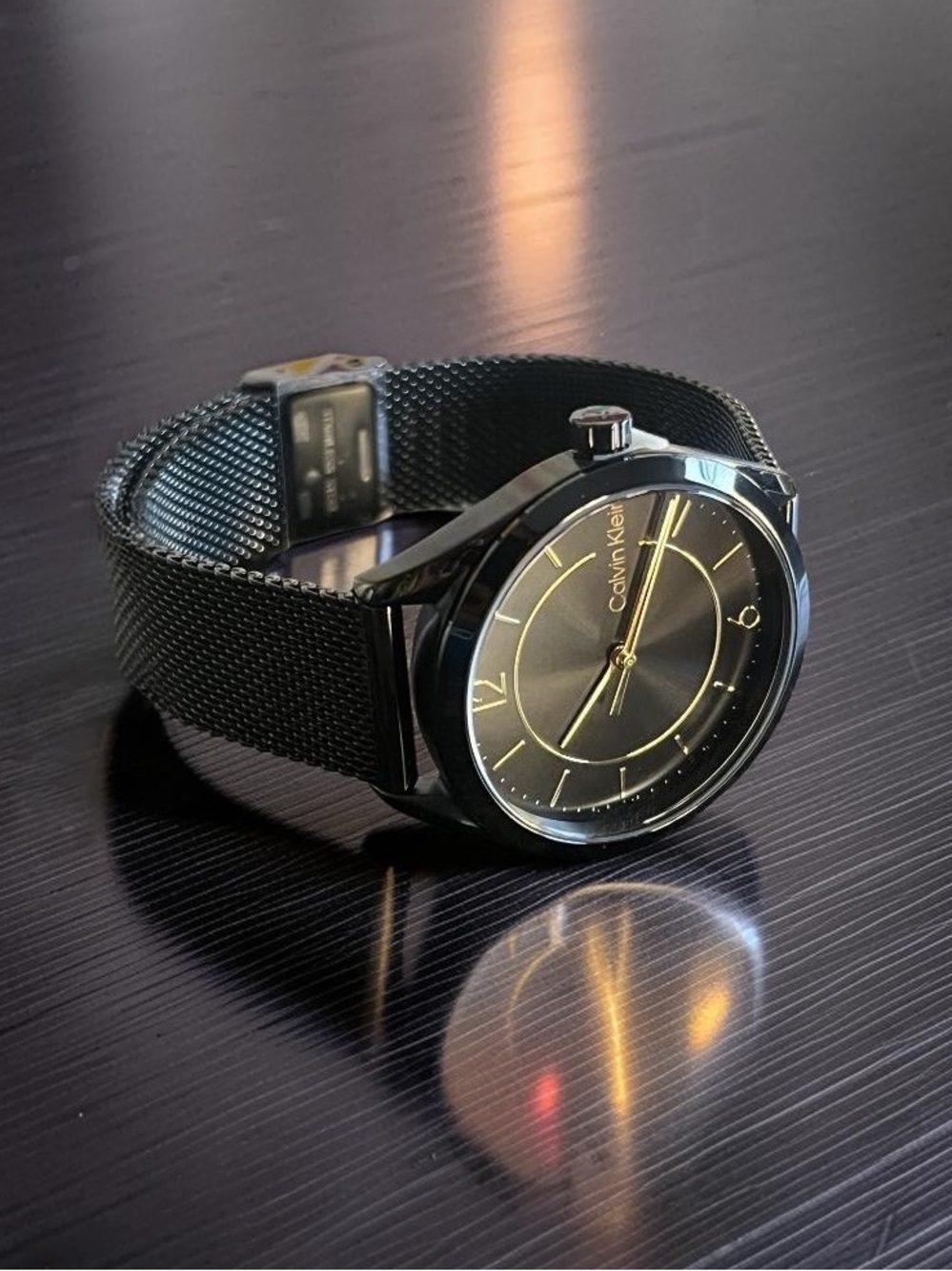 Calvin Klein Black and Gold Accent Mesh Bracelet Watch